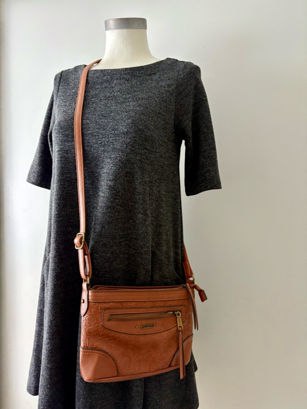 Rosetti Tan Embossed Crossbody Bag with Front Zip Pocket